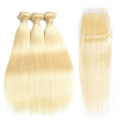 613 Blonde Bundles With Closure Brazilian Straight Hair Bundles With Closure Remy Human Hair Weave Extenstions 10-30 Inch Bundle