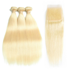 613 Blonde Bundles With Closure Brazilian Straight Hair Bundles With Closure Remy Human Hair Weave Extenstions 10-30 Inch Bundle