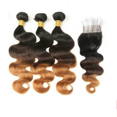 Ombre Bundles With Closure Peruvian Body Wave Hair With Closure T1B/4/30  Remy Hair