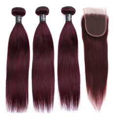 Brazilian Straight Hair Bundles With Closure Red 99J Non-Remy