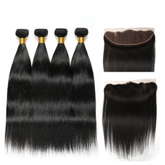 Brazilian Straight Human Hair 4 Bundles With One Lace Frontal Non Remy