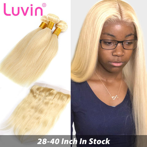 Straight 28 30 32 34 40 Inch Brazilian Remy Human Hair Weave 613 Blonde 3 4 Bundles With13x4 HD Transparent Lace Frontal Closure