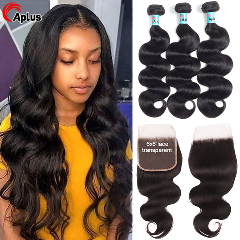 Transparent Lace 3 Bundles Brazilian BodyWave With Closure Hair Weave Bundle With Closure Remy Human Hair Bundles With Closure