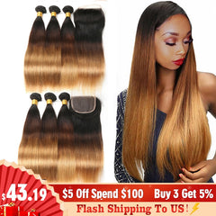 T1B/4/30 Ombre Straight Hair Bundles With Closure Peruvian Human Hair Weaves Bundles With Closure 3 Tone Alimice Remy Hair