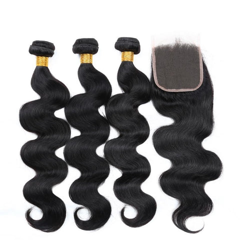 Brazilian Body Wave Human Hair 3 Bundles With Lace Closure 4X4  Non Remy