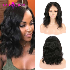 HALOQUEEN Short Human Hair Wigs Peruvian Body Wave Wig Hair Pre-Plucked Hairline Wavy 8-14 Inch Short Bob Lace Closure Wigs