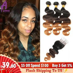 Ombre Bundles With Closure Peruvian Body Wave Hair With Closure T1B/4/30  Remy Hair