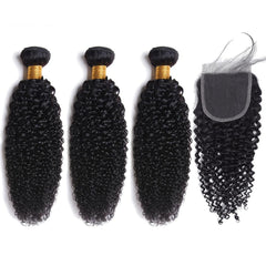 Peruvian Hair Bundles with Closure Kinky Curly 3 Bundles with 4*4 Closure Remy Hair