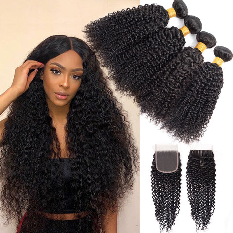 kinky curly 4 bundles with closure non-remy Peruvian