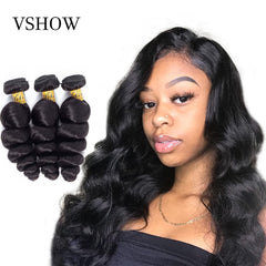 VSHOW Peruvian Loose Wave Bundles 100% Remy Hair Extensions Natural Black 1/3/4 Bundles Deal Human Hair Weave Bundles Weft
