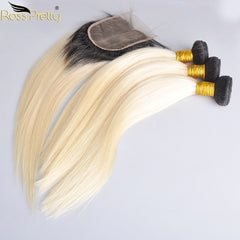Ross Pretty Brazilian Straight Remy Human Hair Bundles With Closure Ombre 1b 613 Bundles With Lace Closure color 1b blonde
