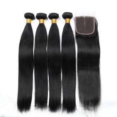 Straight Brazilian Human Hair Weaving 4 Bundles with closure Non Remy Hair