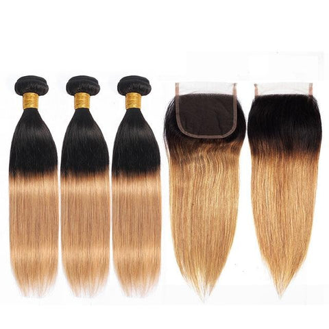 3 Bundles With Closure Brazilian Straight Hair Ombre T1B-27 Non-remy
